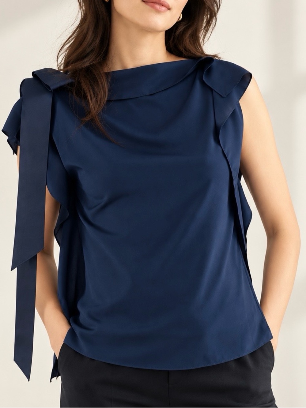LANVIN Paris Navy Blue Silk Bow Tie Sleeveless Top Blouse Size S NWOT